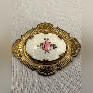 Vintage Guilloche brass brooch with pink rose